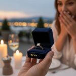 A close-up of a sparkling princess-cut diamond set in a unique crisscross yellow gold band, presented in a luxury jewelry box during a romantic candlelit dinner.