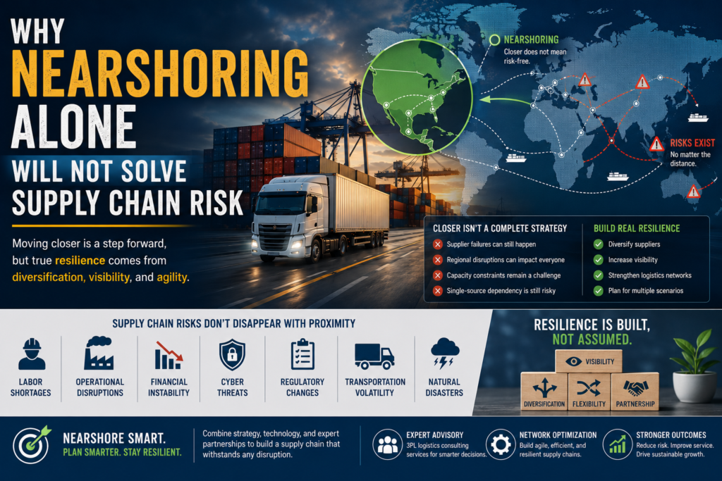 Global supply chain network showing nearshore suppliers alongside diversified sourcing regions, transportation routes, and risk monitoring systems.