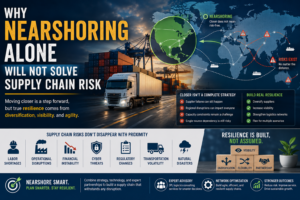 Global supply chain network showing nearshore suppliers alongside diversified sourcing regions, transportation routes, and risk monitoring systems.
