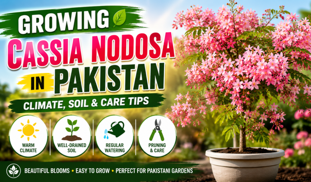 Cassia nodosa pink shower tree with clusters of pink and white blossoms growing in Pakistan