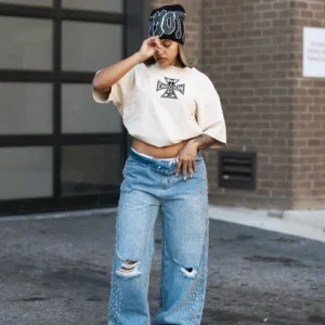 Mixed Emotion Blue Stone Baggy Jeans3