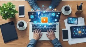 digital-marketing-and-social-media-strategy-concept-hands-typing-on-laptop-surrounded-by-devices-photo