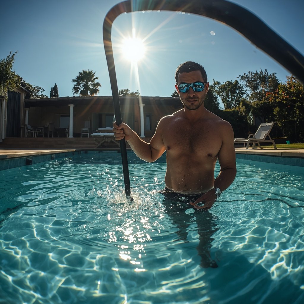 lucid-origin_A_wide_seasonal_collage-style_image_showing_a_pool_technician_servicing_a_villa_-0