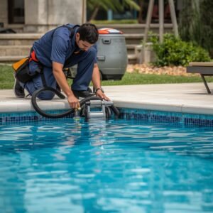 lucid-origin_Professional_pool_technician_performing_detailed_swimming_pool_maintenance_at_a_-0