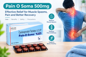 Pain O Soma 500mg (Carisoprodol) tablets shown with a person experiencing back and muscle pain, highlighting muscle spasms, pain, stiffness, and mobility.