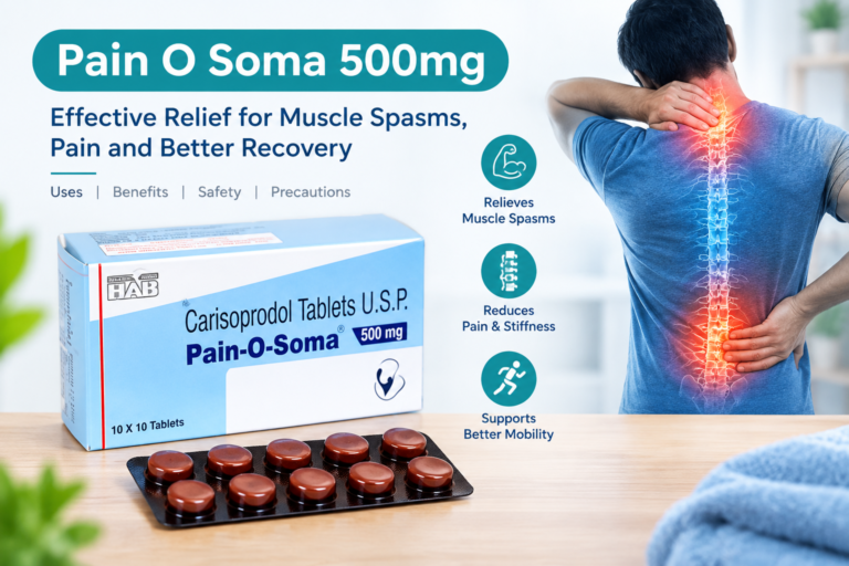 Pain O Soma 500mg (Carisoprodol) tablets shown with a person experiencing back and muscle pain, highlighting muscle spasms, pain, stiffness, and mobility.