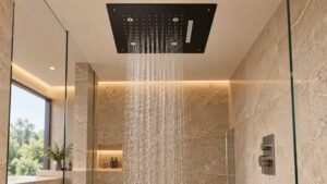 Charcoal Ceiling Shower in Marble Bathroom-100kb