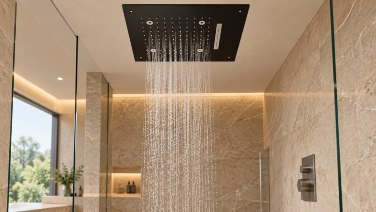 Charcoal Ceiling Shower in Marble Bathroom-100kb