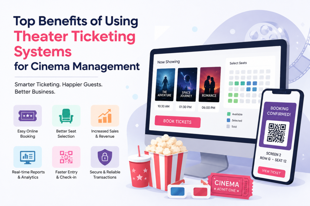 Theater ticketing systems for efficient cinema management, online booking, seat selection, and faster check-in.