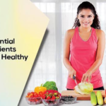 Essential Nutrients for Healthy Skin including fruits, vegetables, fish, nuts and healthy foods