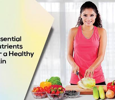 Essential Nutrients for Healthy Skin including fruits, vegetables, fish, nuts and healthy foods