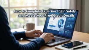 Experian login screen with a credit score dashboard