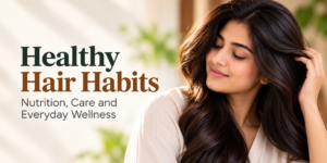 Healthy hair habits with a woman showcasing long, shiny hair, highlighting nutrition, hair care, and everyday wellness.
