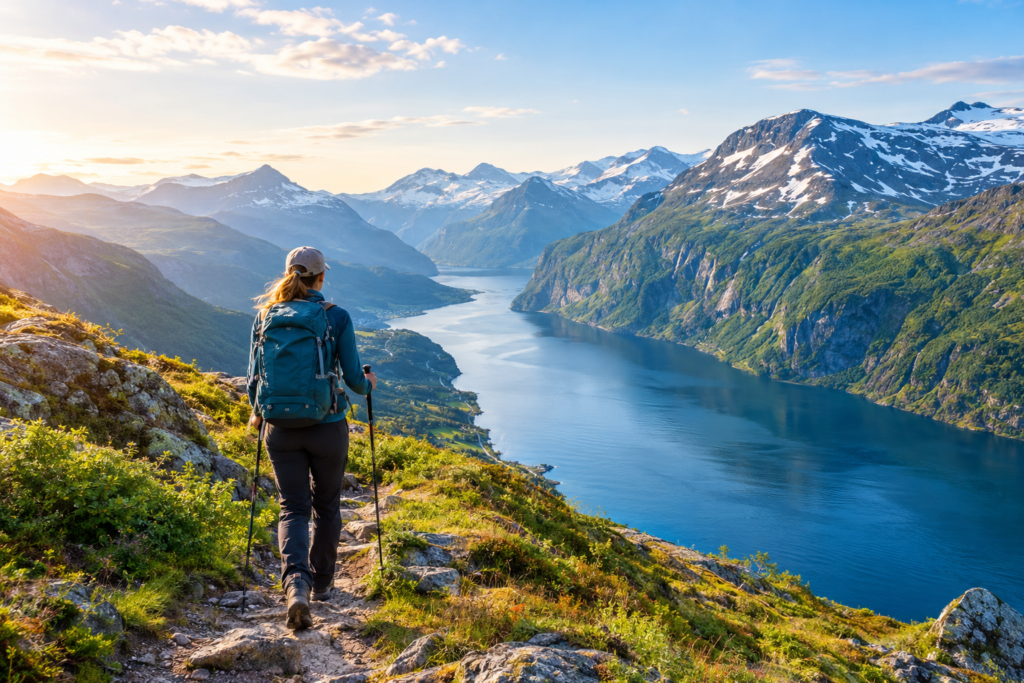 Hiker Overlooking a Snowy Fjord Valley