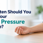 Person checking blood pressure at home using a digital blood pressure monitor