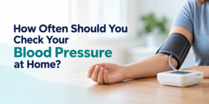 Person checking blood pressure at home using a digital blood pressure monitor