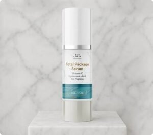 Total Package Serum by Sun Coast Sciences for skin hydration, fine lines, wrinkles, and uneven-looking skin tone.