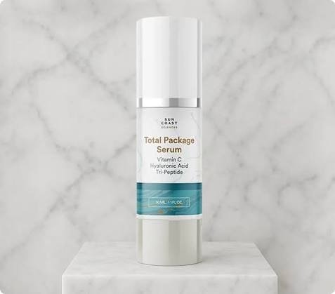 Total Package Serum by Sun Coast Sciences for skin hydration, fine lines, wrinkles, and uneven-looking skin tone.