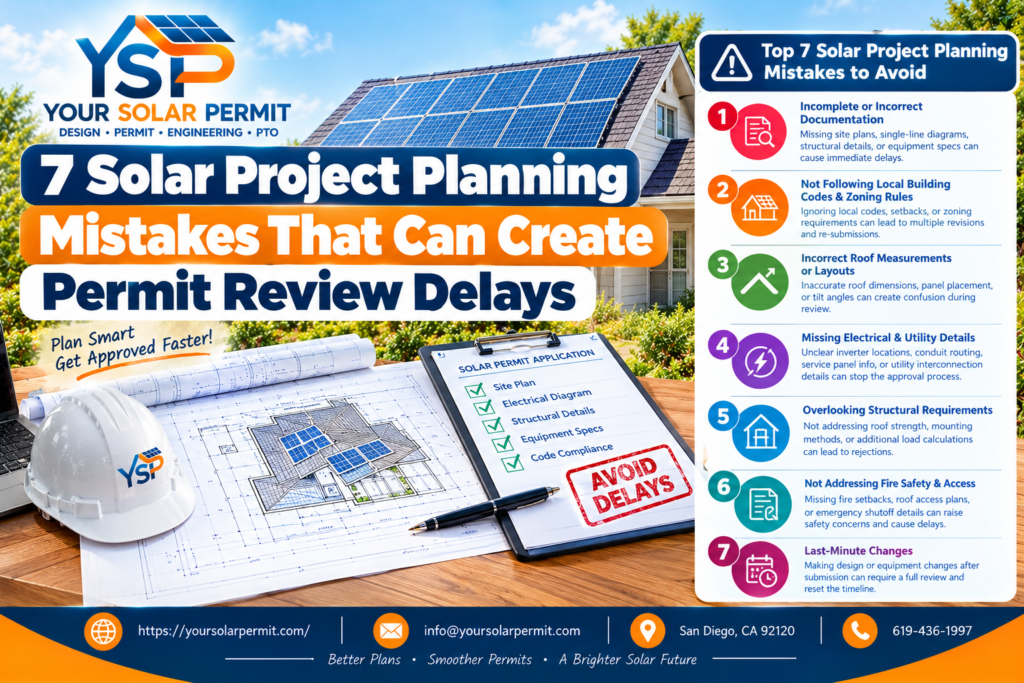 Solar project plans showing rooftop panel layouts, electrical drawings, and permit documentation under review.