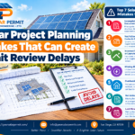 Solar project plans showing rooftop panel layouts, electrical drawings, and permit documentation under review.