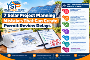 Solar project plans showing rooftop panel layouts, electrical drawings, and permit documentation under review.